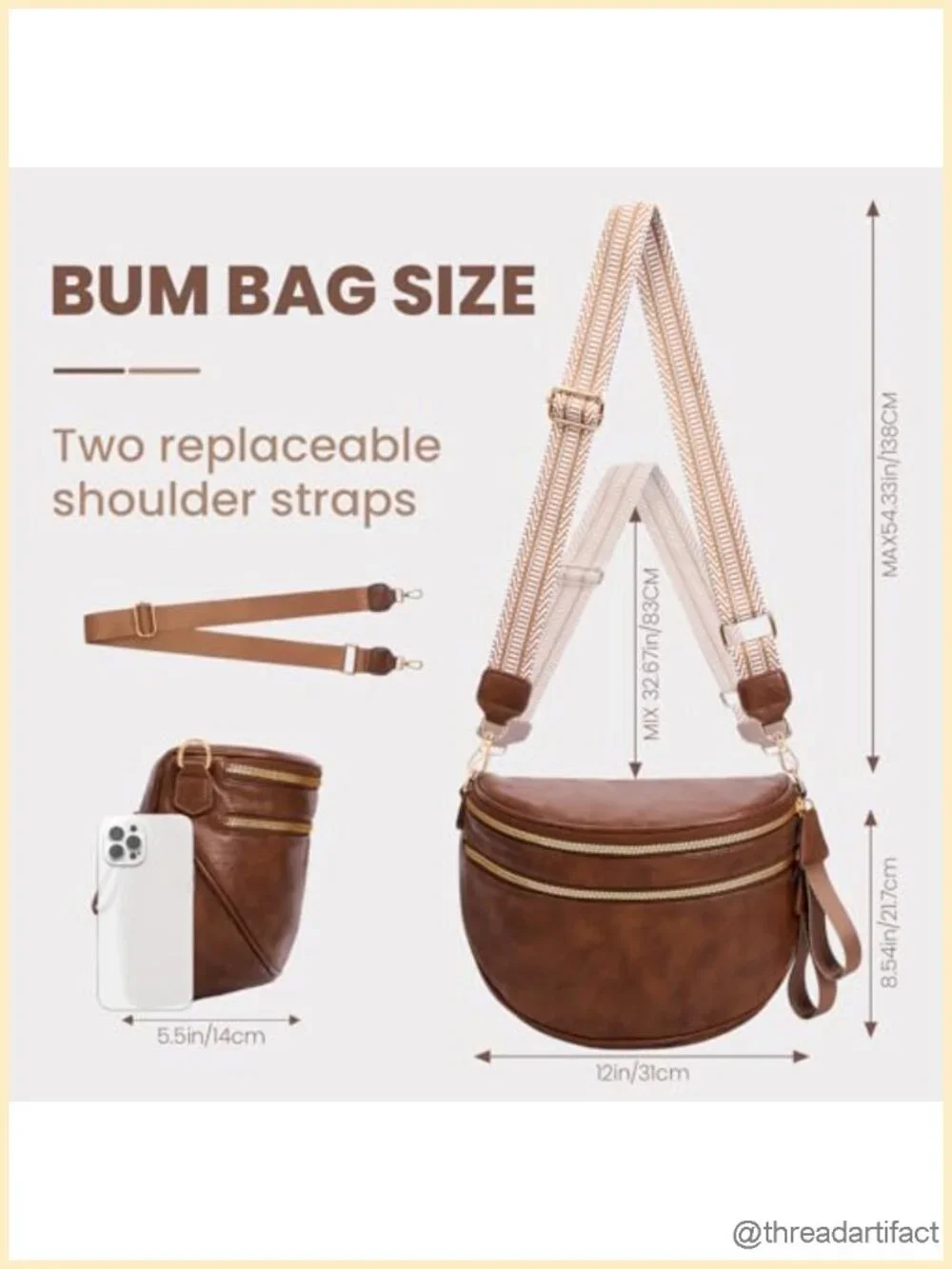 PU Leather Crossbody Fanny Pack Double Zip Multi Compartment with 2 Adjustable